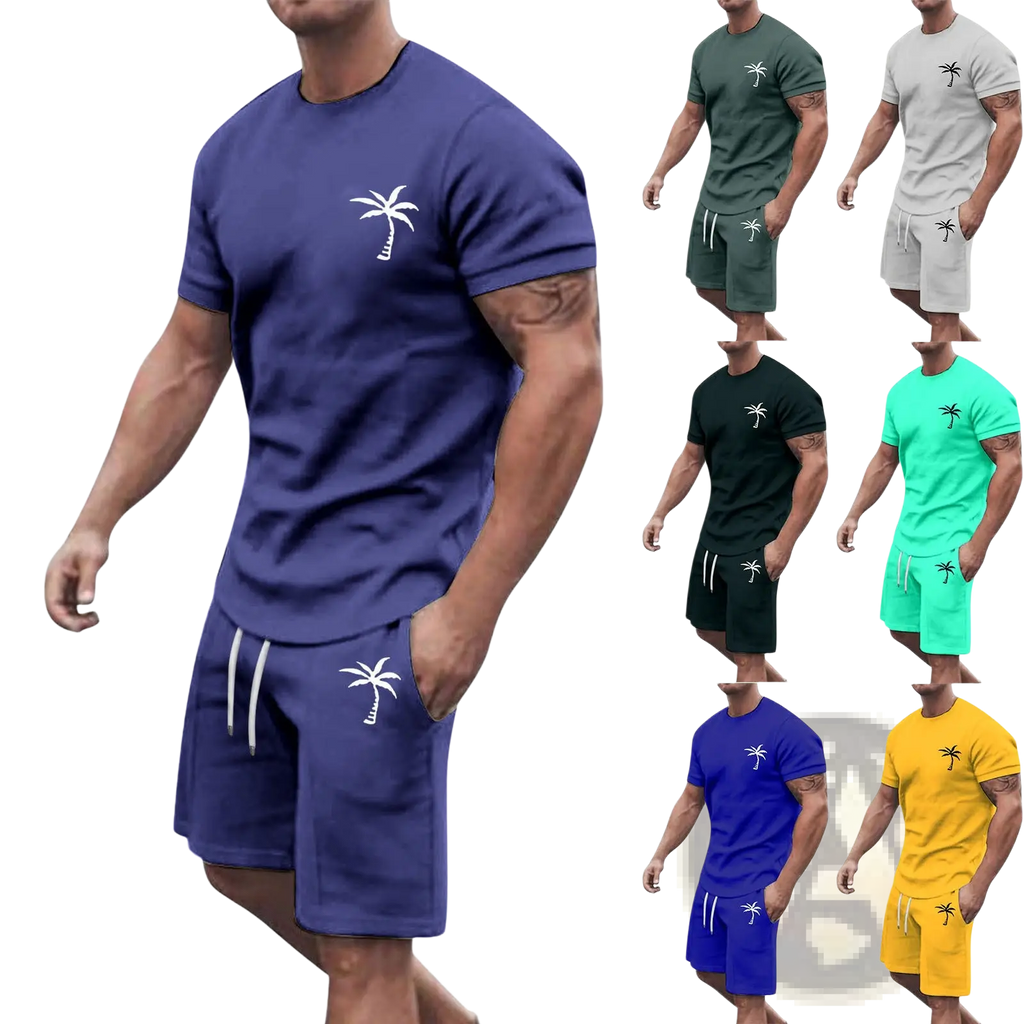 Navy blue tropical palm tree short sleeve athletic set with printed t-shirt and matching shorts for casual wear