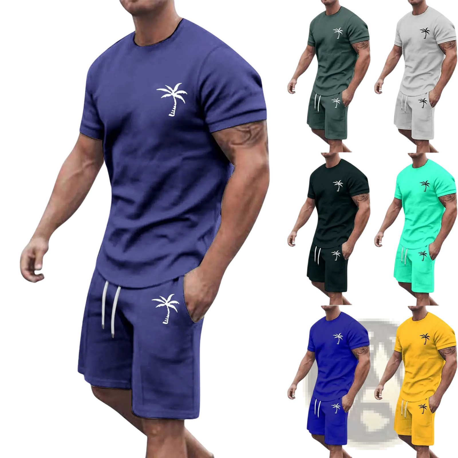 Navy blue tropical palm tree short sleeve athletic set with printed t-shirt and matching shorts for casual wear