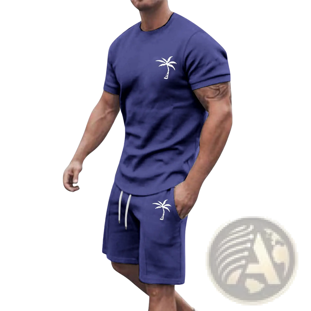 Navy blue tropical palm tree short sleeve athletic set featuring a tee and shorts with white embroidery