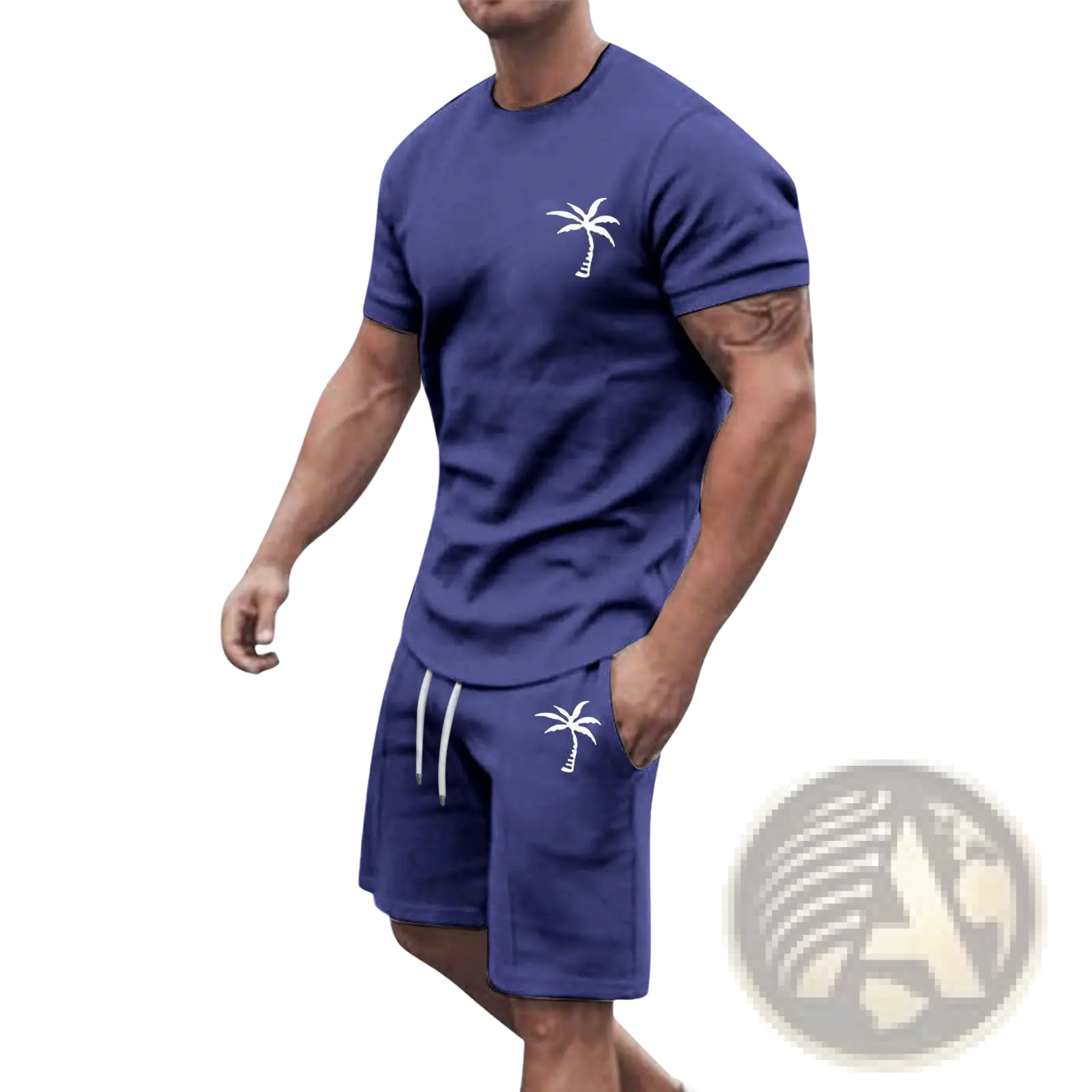 Navy blue tropical palm tree short sleeve athletic set featuring a tee and shorts with white embroidery