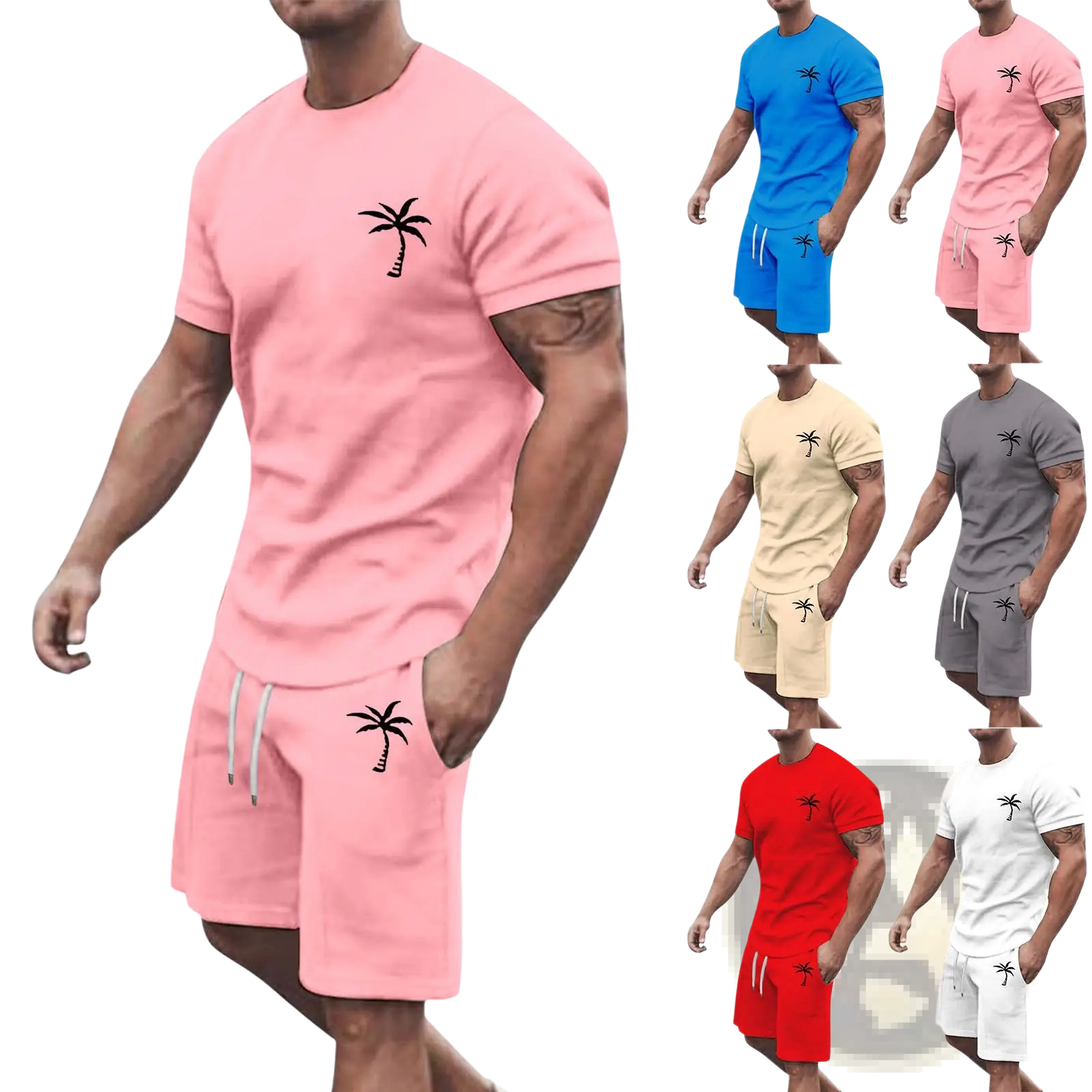 Pink tropical palm tree printed cotton short sleeve t-shirt and matching shorts set for athletic wear