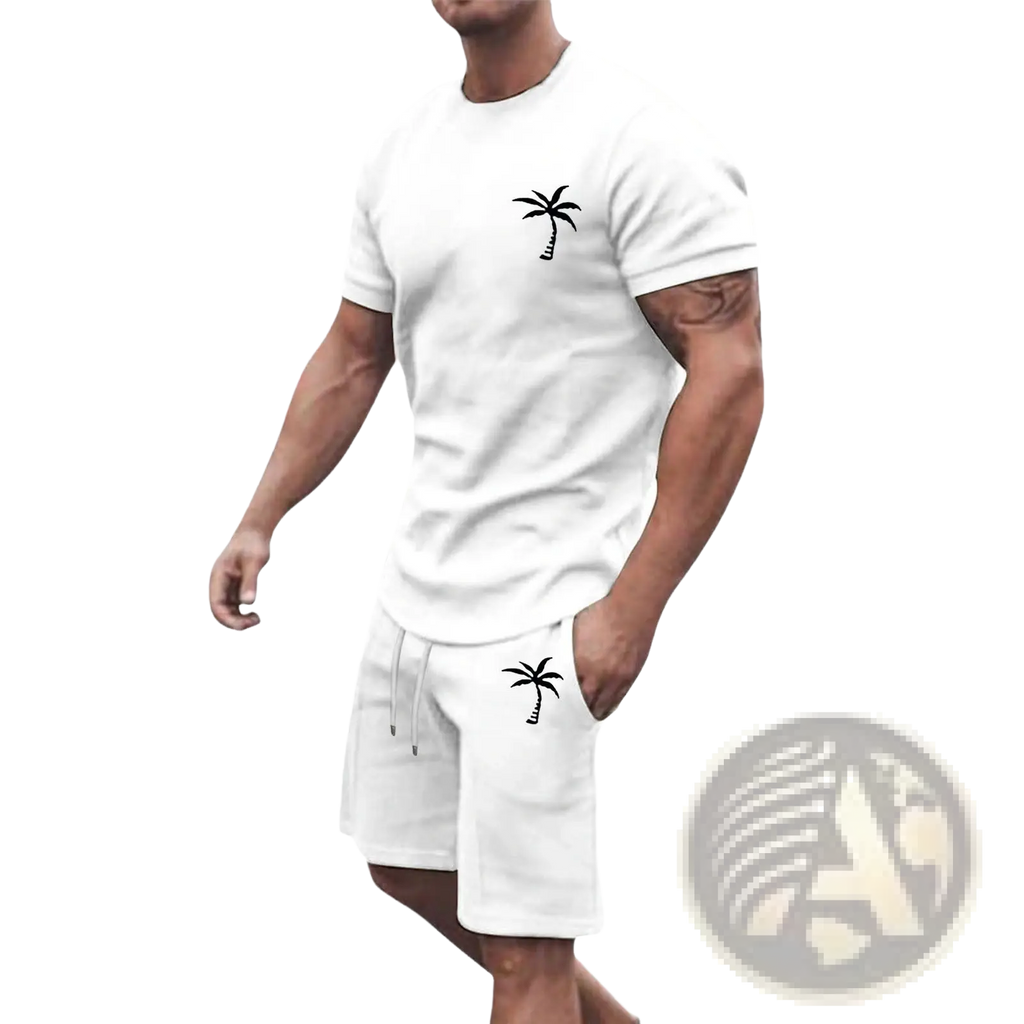 White tropical palm tree short sleeve athletic set with black palm tree embroidery on chest and pocket for activewear