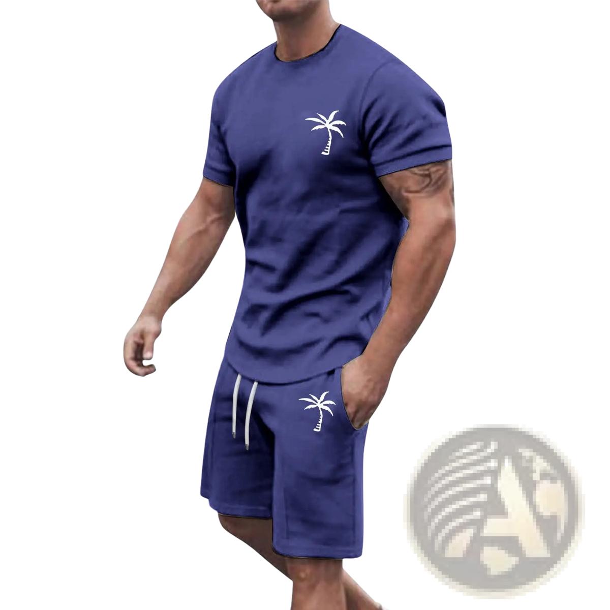 Navy blue tropical palm tree short sleeve athletic set with white embroidery featuring a tee and matching shorts