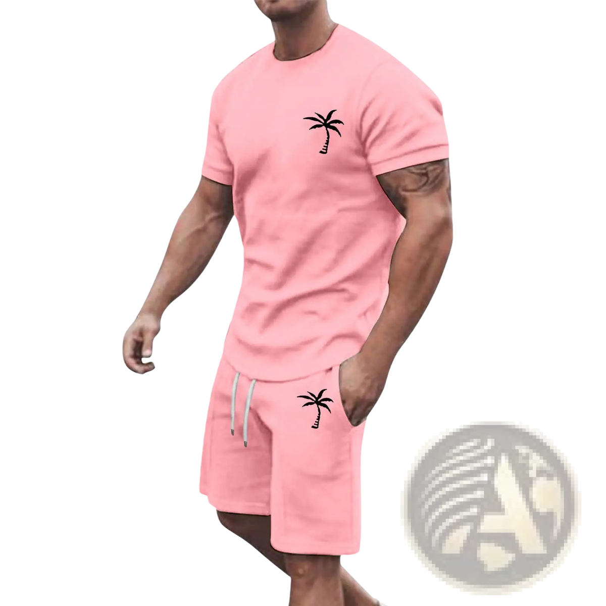 Pink tropical-themed short sleeve athletic two-piece set with black palm tree embroidery on chest and pocket