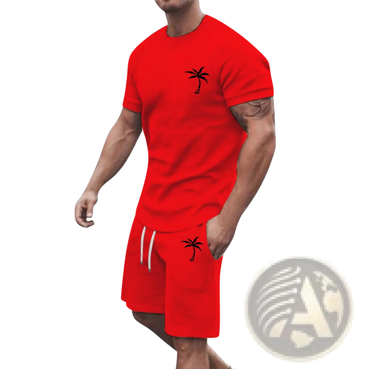 Red tropical palm tree short sleeve athletic set with black embroidery on chest and shorts for active wear