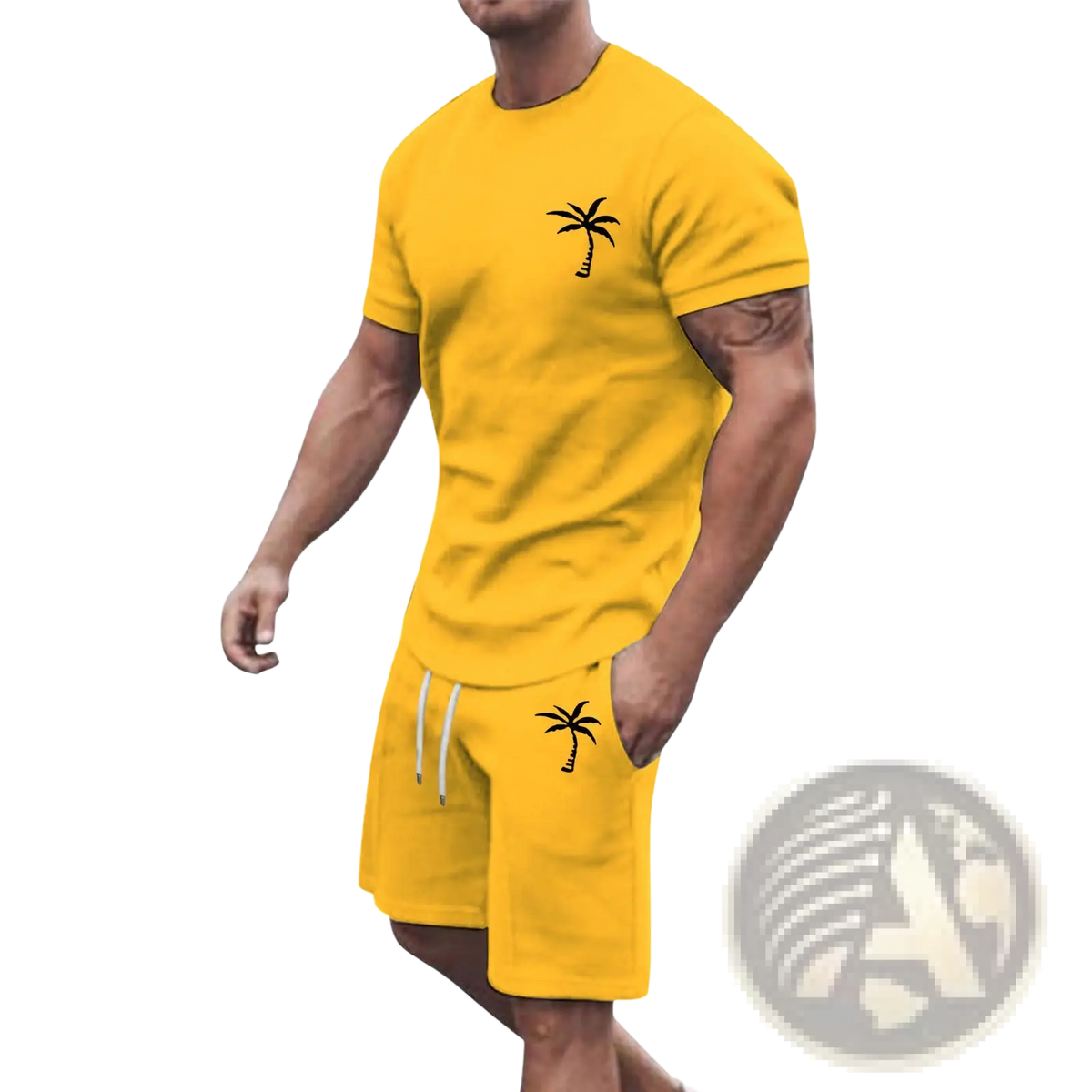 Bright yellow tropical palm tree short sleeve athletic set with black embroidery on chest and thigh for workouts