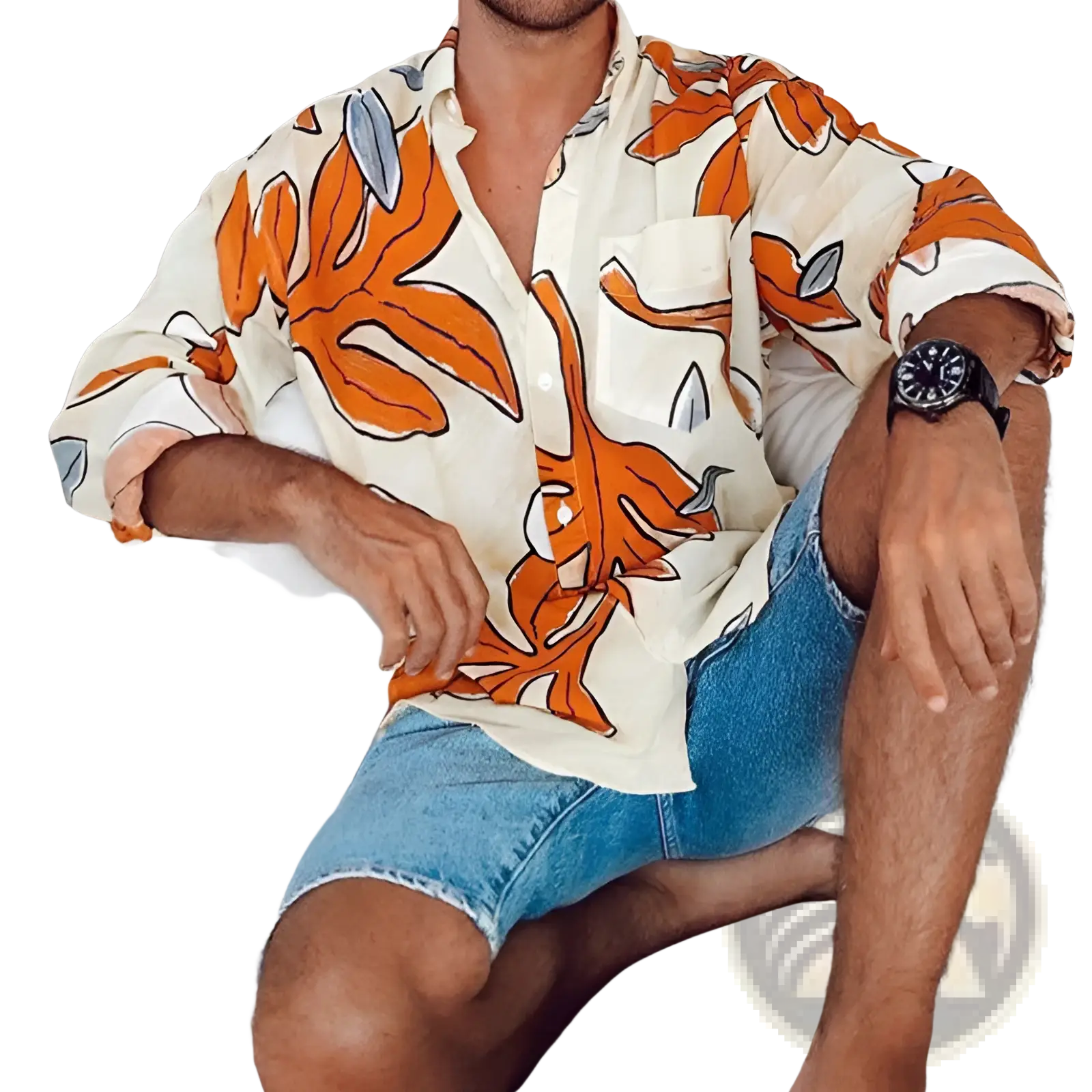 A man wearing a vibrant orange and gray leaf-patterned tropical print long sleeve men’s beach shirt with rolled sleeves