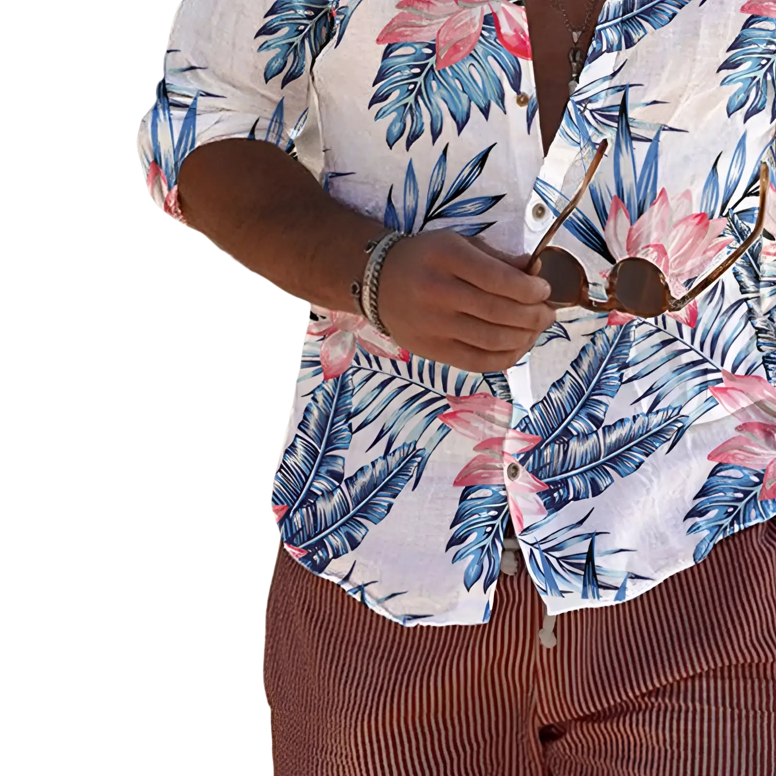 A man wearing a tropical print long sleeve mens beach shirt with vibrant blue and pink leaf patterns on white fabric