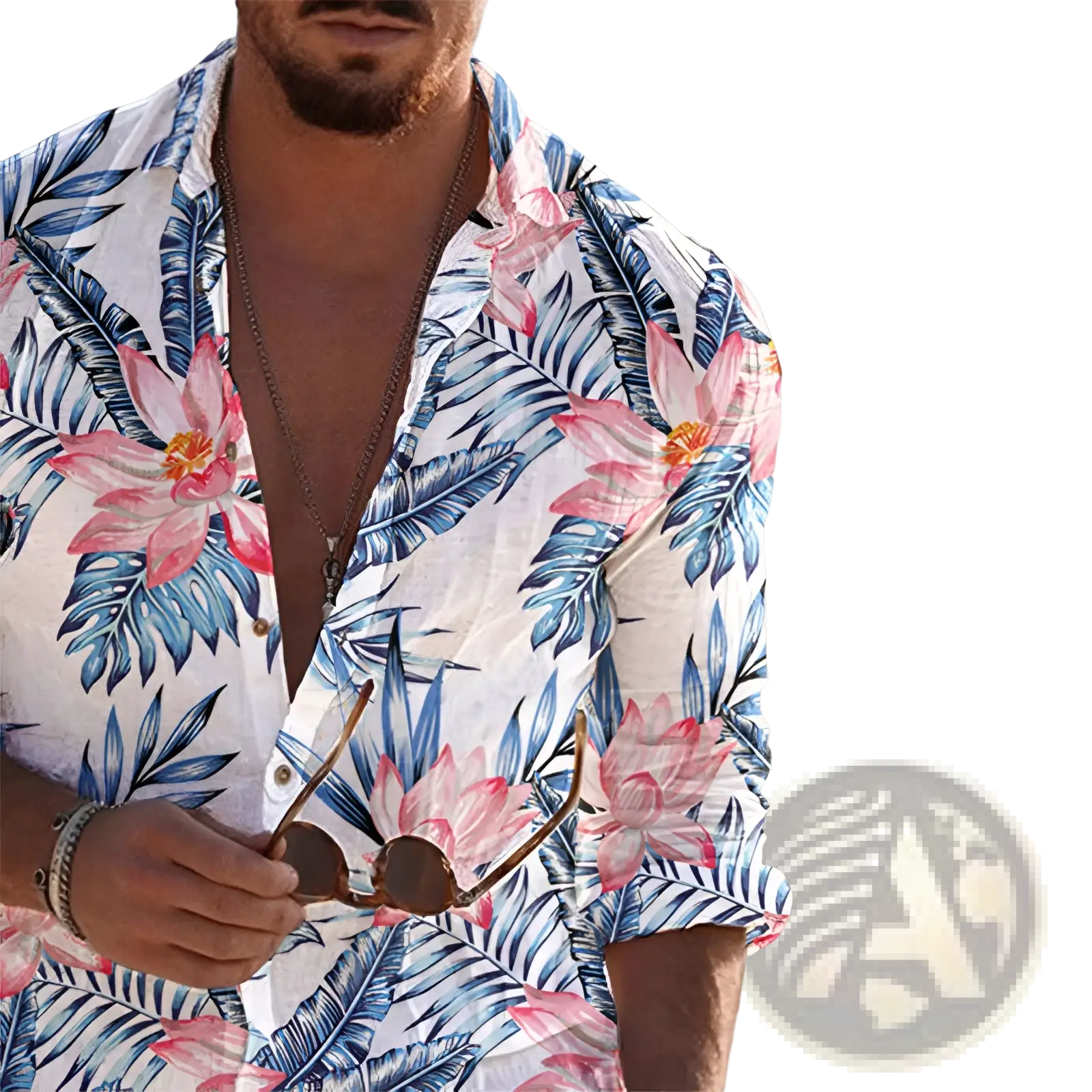 A man wearing a white blue and pink tropical print long sleeve mens beach shirt with rolled sleeves