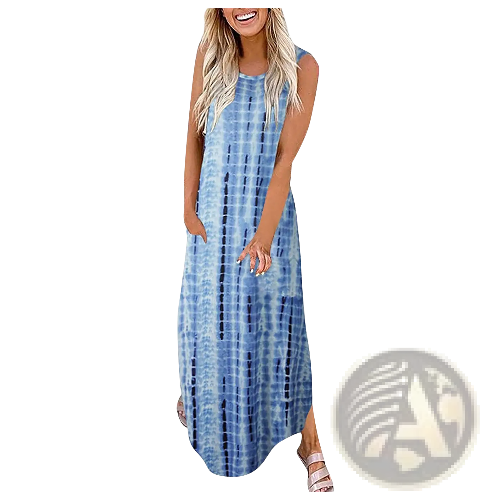 Blue tie-dye sleeveless irregular hem maxi dress with vertical streaks in a lightweight fabric for tropical wear