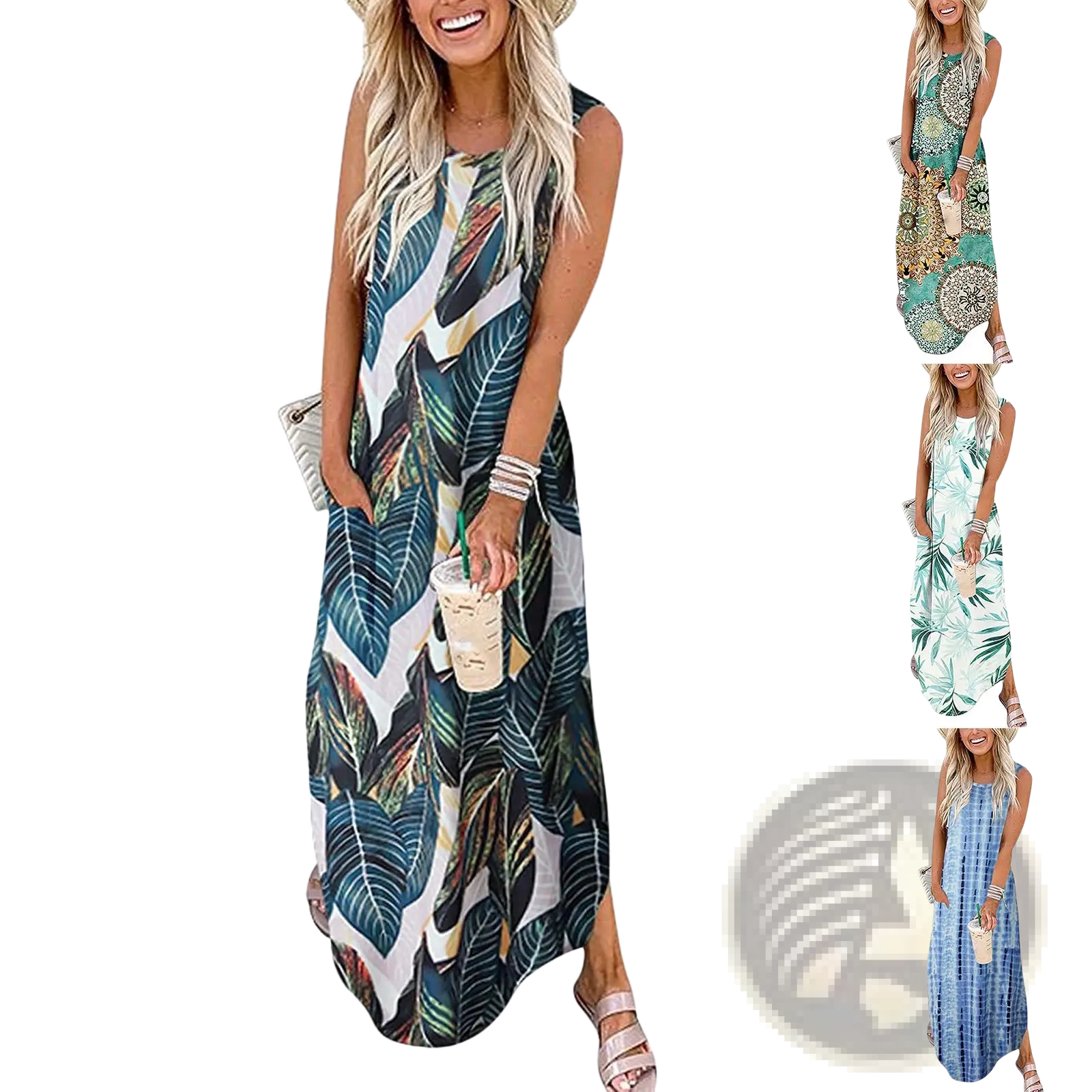 A sleeveless flowing maxi dress with a vibrant teal green and white tropical leaf print and irregular hem