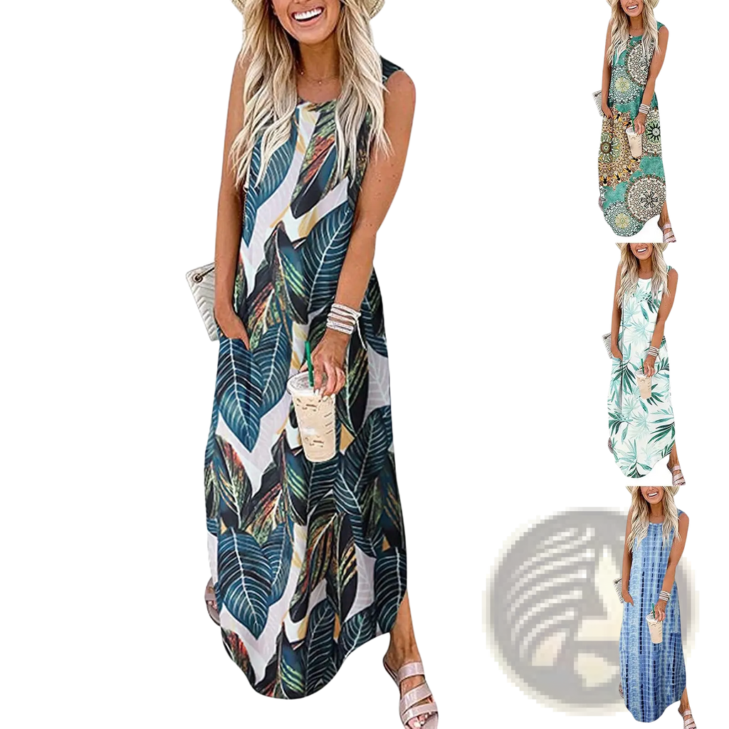 A sleeveless flowing maxi dress with a vibrant teal green and white tropical leaf print and irregular hem