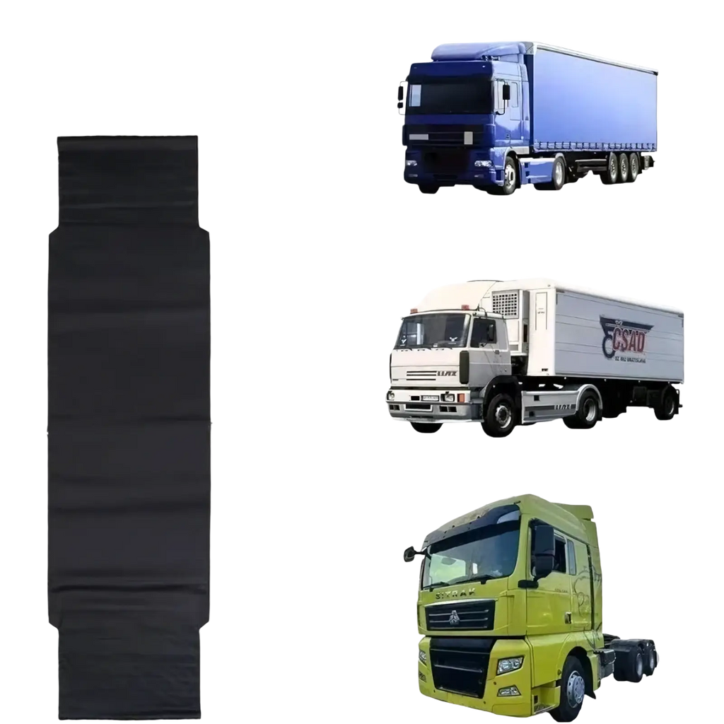 Black mesh polyester truck cab travel hammock shown with black fabric truck bed liner suitable for most truck models