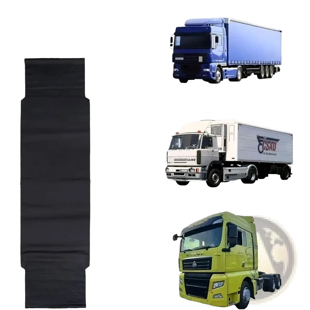 Black mesh polyester truck cab travel hammock shown with black fabric truck bed liner suitable for most truck models