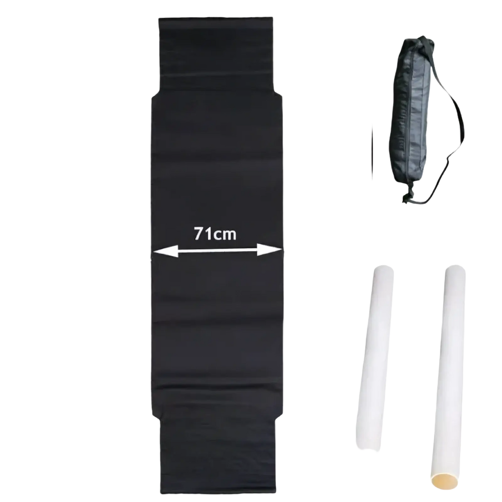 Black mesh polyester truck cab travel hammock with dimensions 244cm by 71cm for outdoor use shown with carrying bag and poles