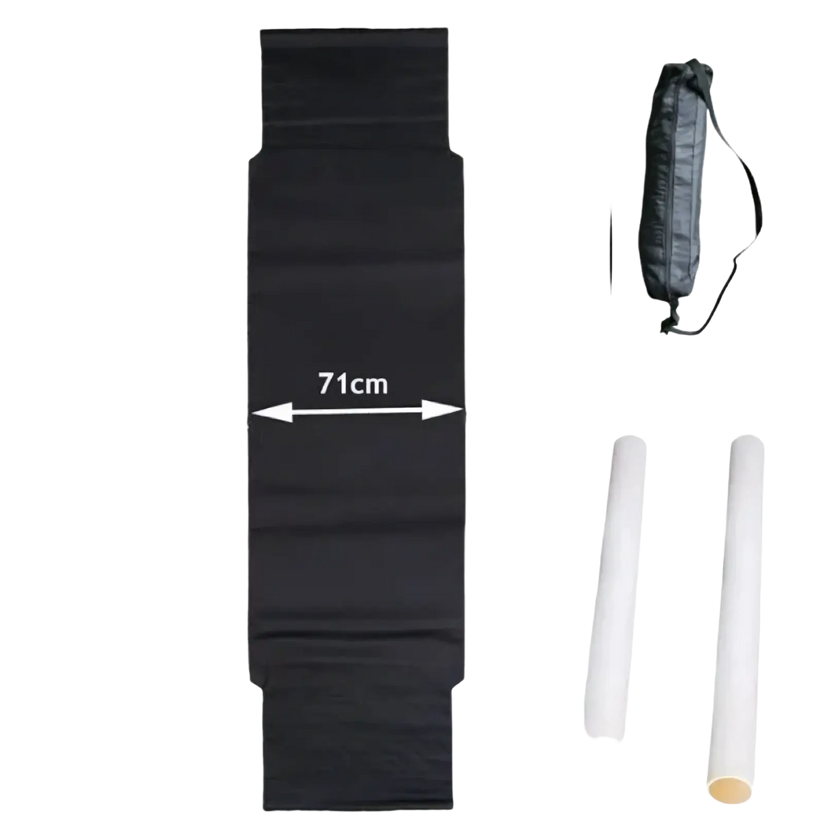 Black mesh polyester truck cab travel hammock with dimensions 244cm by 71cm for outdoor use shown with carrying bag and poles