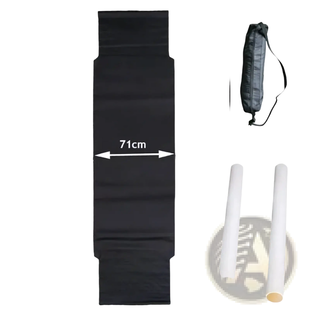 Black mesh polyester truck cab travel hammock with dimensions 244cm by 71cm for outdoor use shown with carrying bag and poles