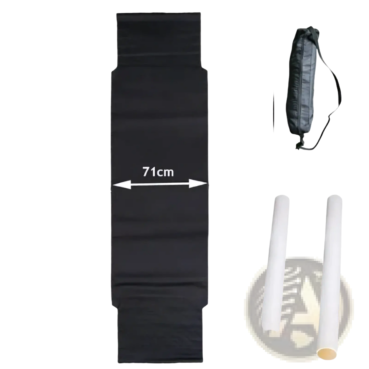 Black mesh polyester truck cab travel hammock with dimensions 244cm by 71cm for outdoor use shown with carrying bag and poles