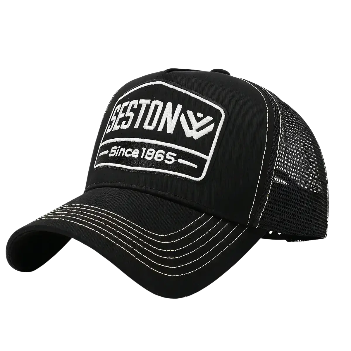 Black trucker hat with white seston logo embroidery and mesh back baseball cap for casual wear