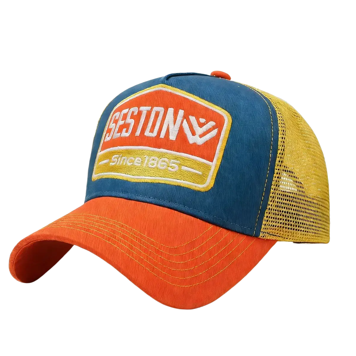 Multi color blue orange and yellow trucker hat with seston logo patch embroidered since 1865
