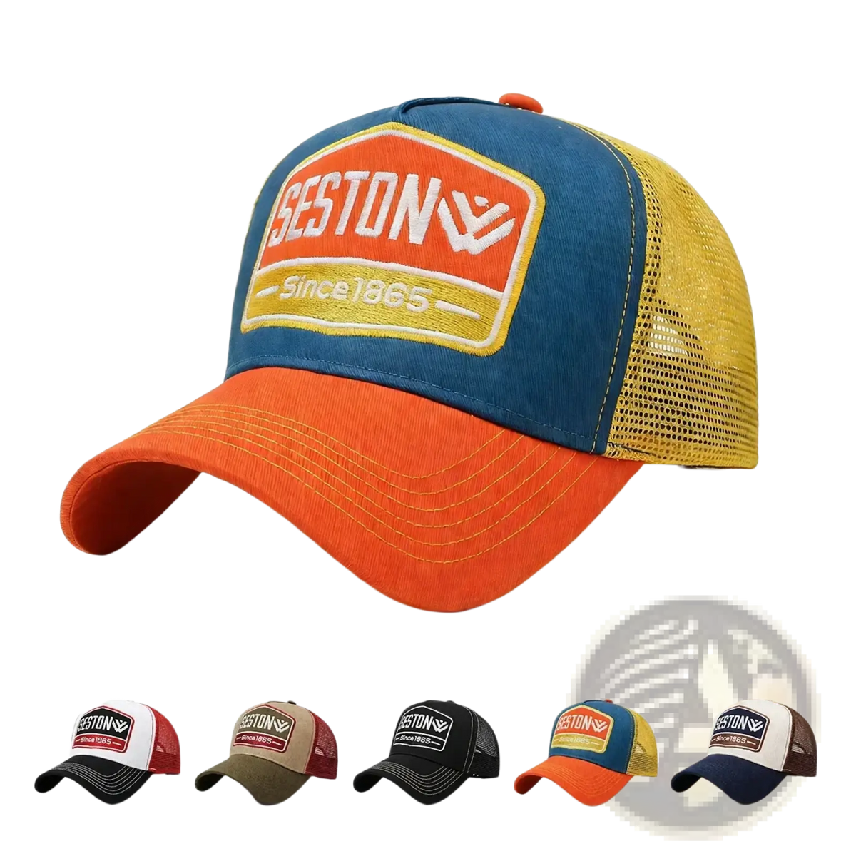 Blue, orange, and yellow trucker hat with embroidered seston logo patch since 1965 in a multi color design