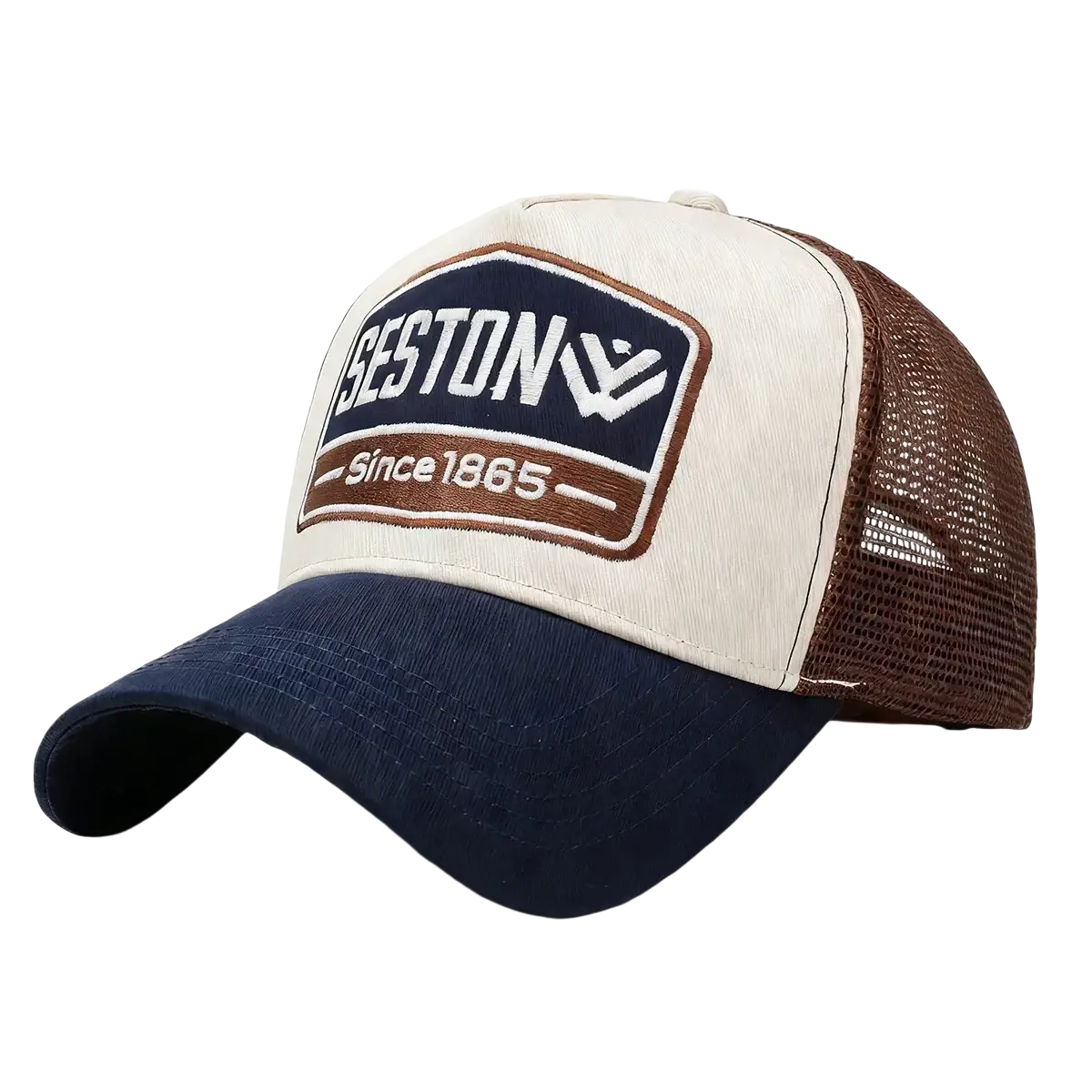 Cream and navy blue trucker hat with brown mesh back and embroidered seston since 1865 logo patch