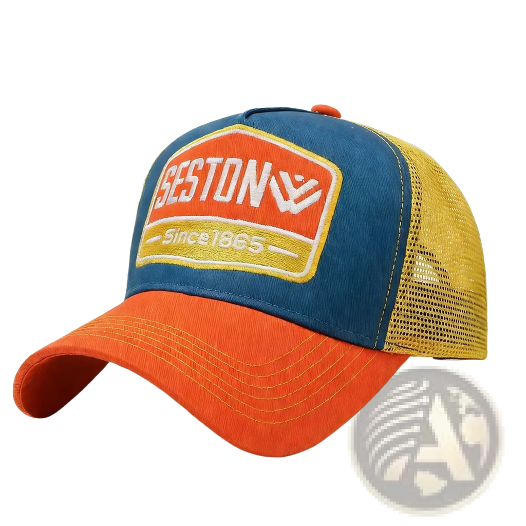 Multi color blue orange and yellow trucker hat with seston logo patch embroidered since 1865