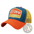 Multi color blue orange and yellow trucker hat with seston logo patch embroidered since 1865