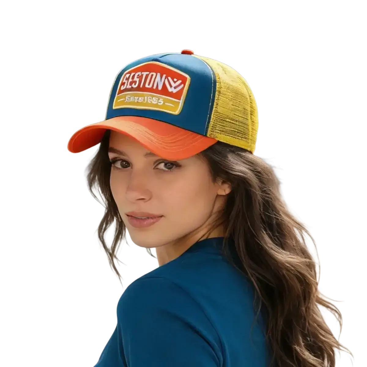 A vibrant trucker hat with blue front panel, yellow mesh back, orange brim, and red and white seston logo patch