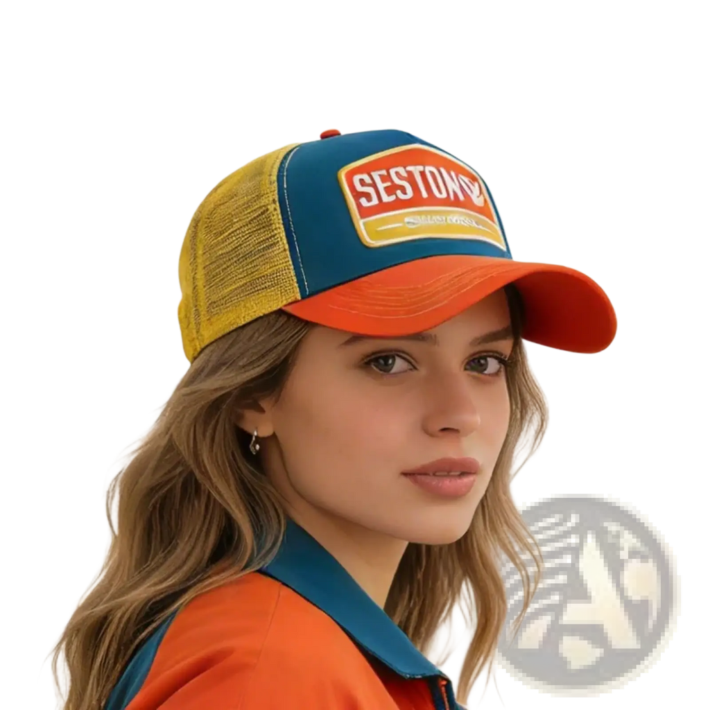 A vibrant multi color seston logo trucker hat with blue front panel orange brim and yellow mesh back
