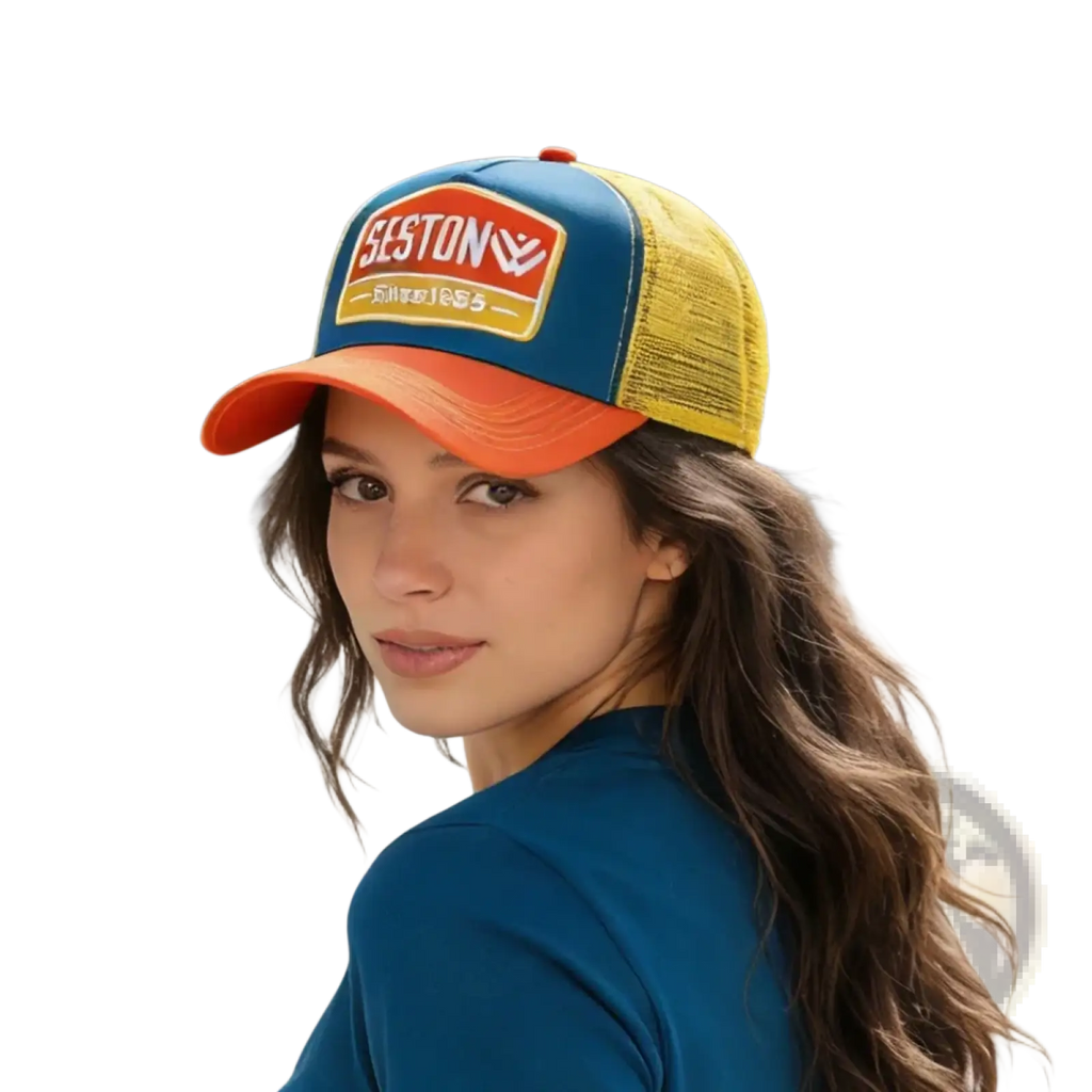 A vibrant trucker hat featuring a bold blue front panel orange brim mesh back and yellow accents with seston logo