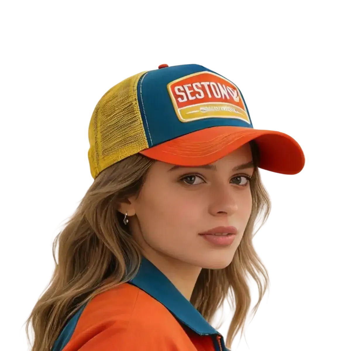A vibrant multi-colored trucker hat with a blue front panel, orange brim, yellow mesh back, and red seston logo baseball cap