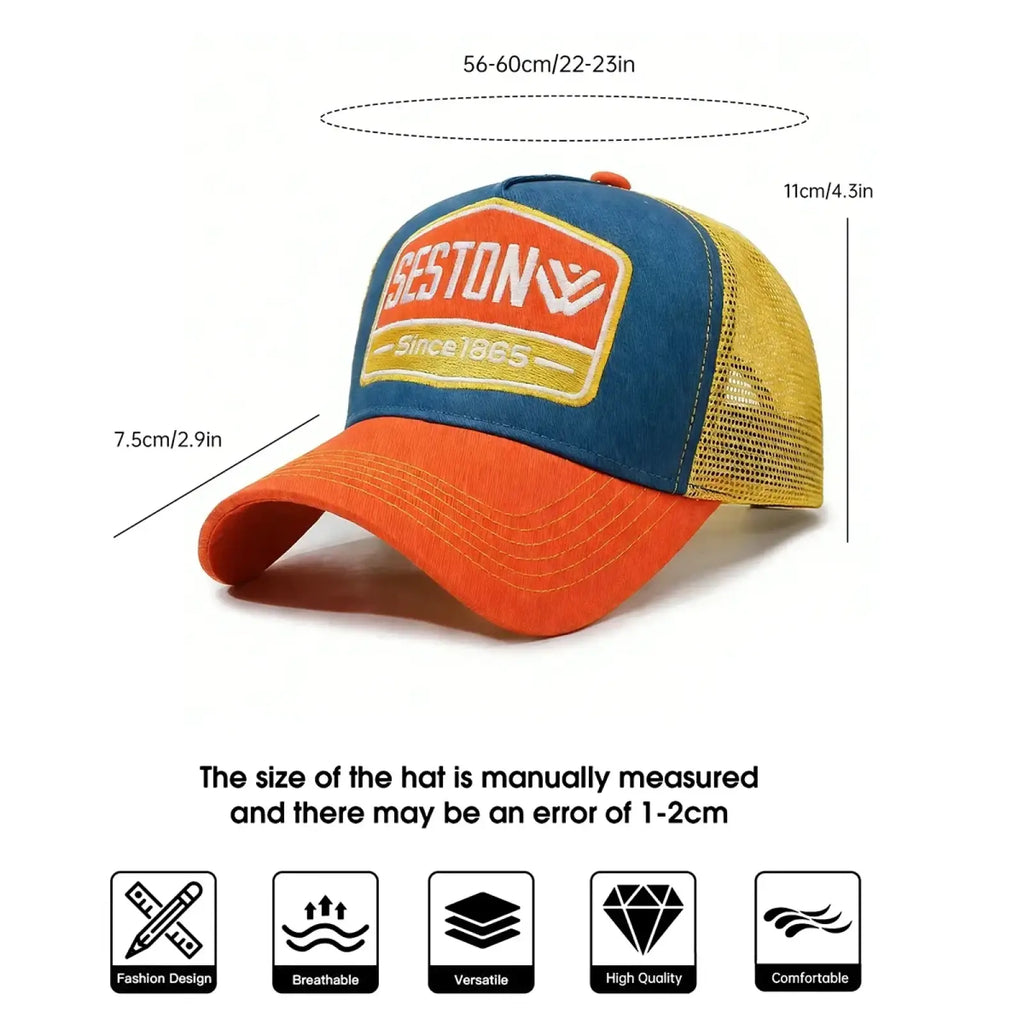 A vibrant multi color trucker hat with blue front panel orange brim yellow accent and seston logo patch