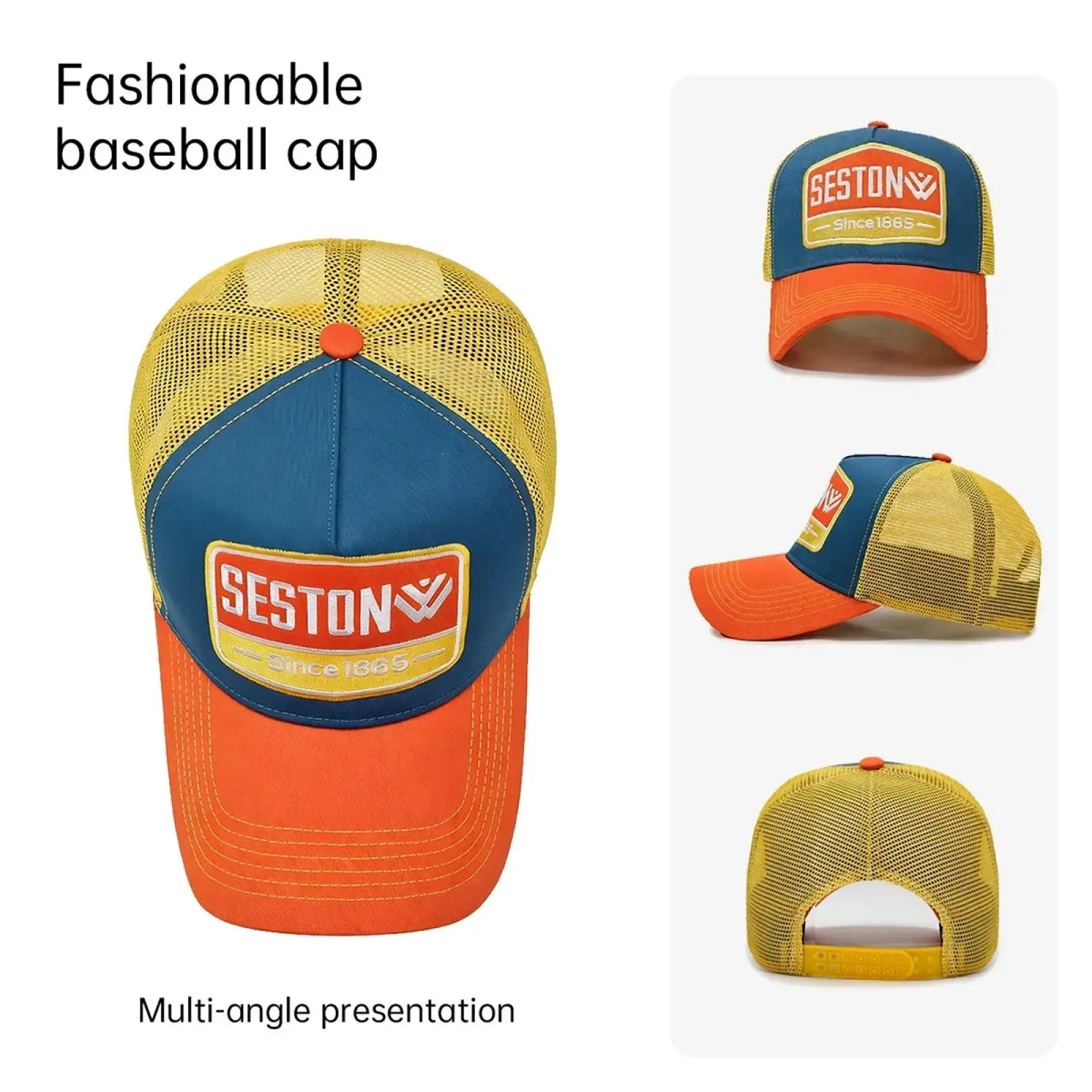 A vibrant multi-color Seston logo trucker hat with blue front, orange brim, and yellow-accented mesh back