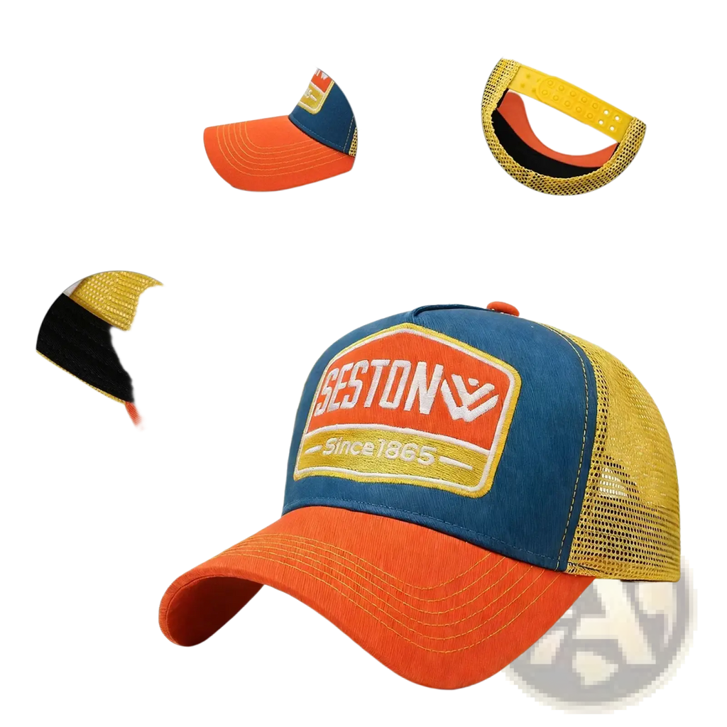 Vibrant orange blue and yellow trucker hat with a bold beston since 1865 patch in a multi color seston logo design