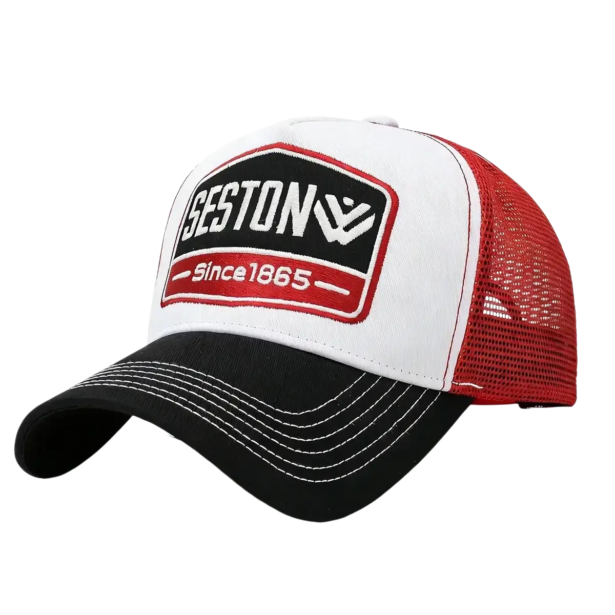 White and red trucker hat with black brim featuring bold embroidered seston logo baseball cap design since 1865