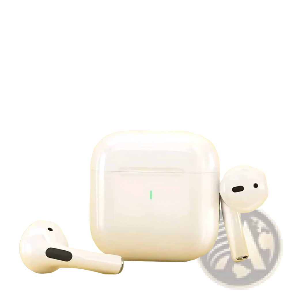 White wireless earbuds with black accents and matching charging case true buds5 wireless bluetooth earbuds hifi stereo