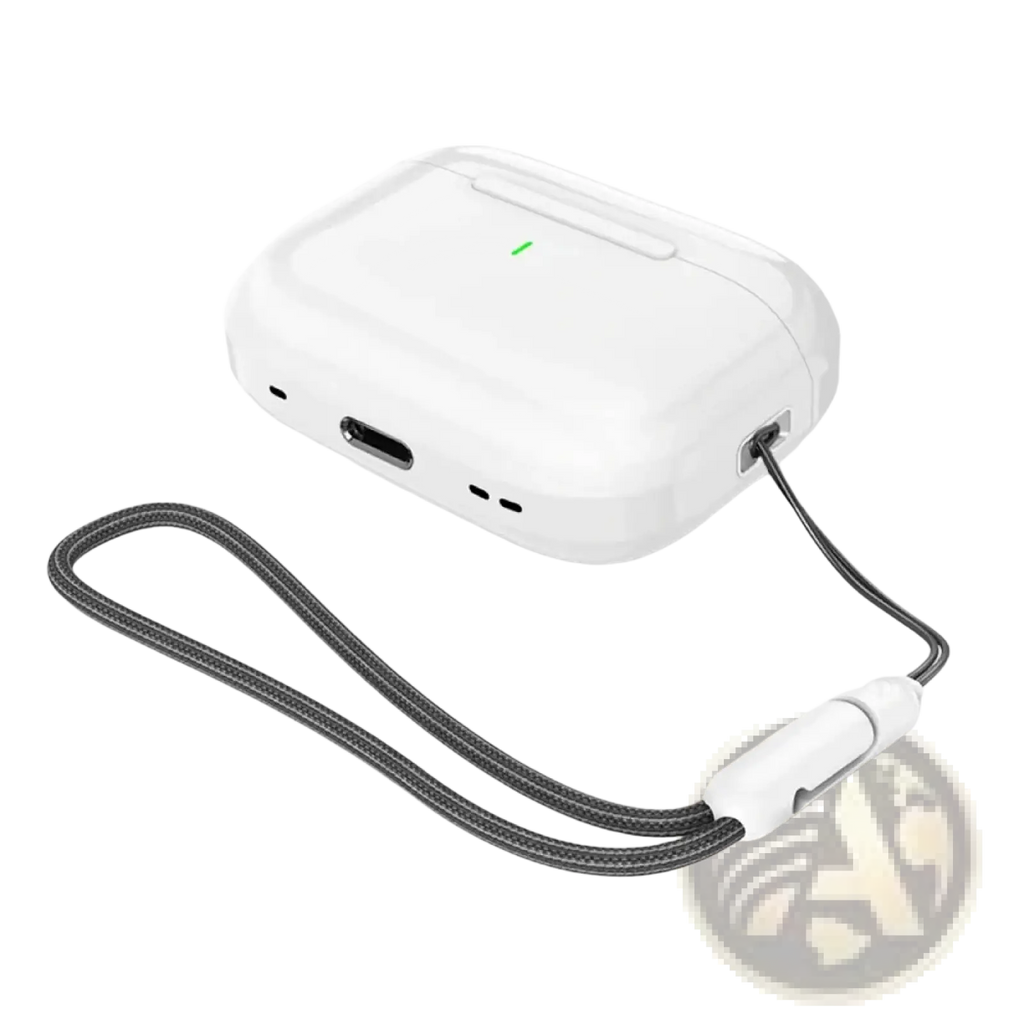 White protective case for AirPods Pro with a black braided wrist strap for true wireless Bluetooth earphones Hifi noise reduction