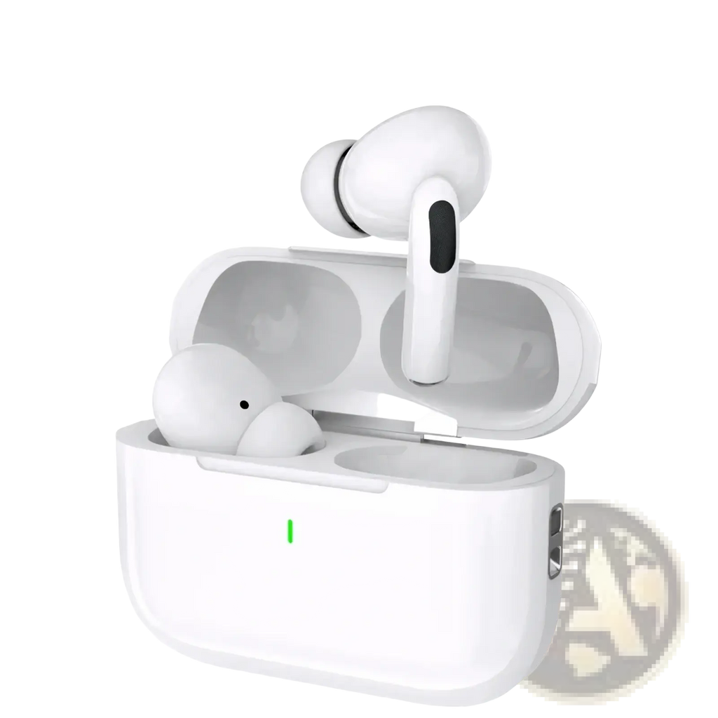 White apple airpods pro true wireless bluetooth earphones with hifi noise reduction in glossy charging case with green light