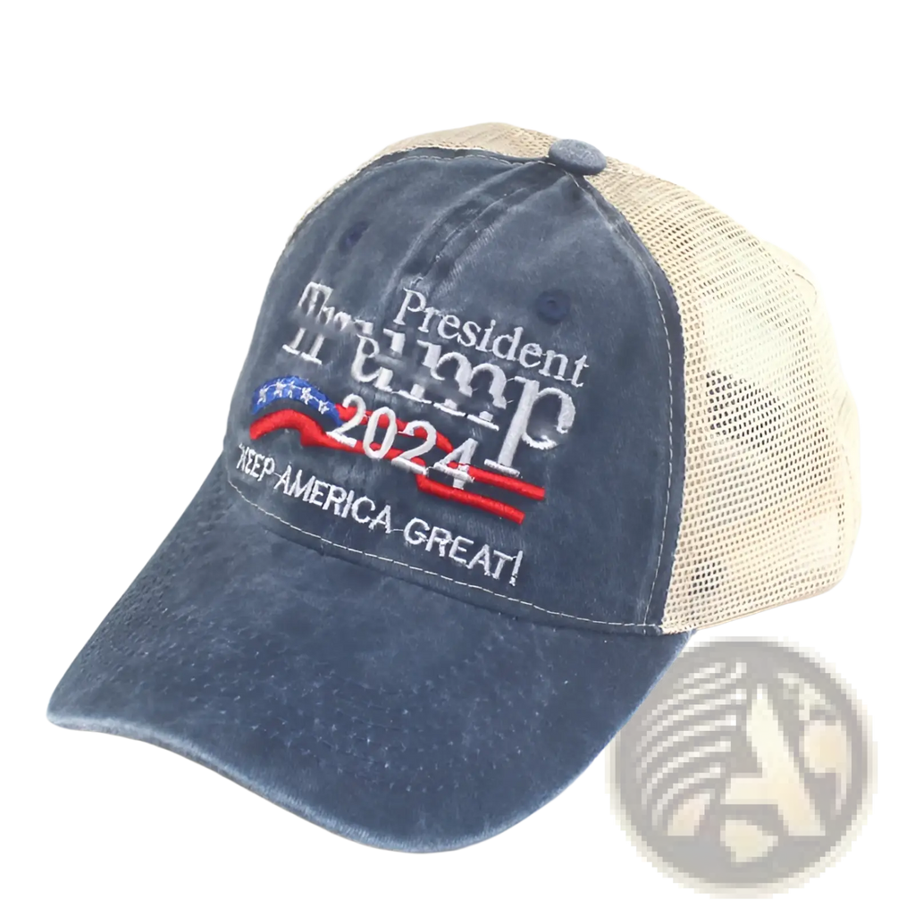 Blue denim trucker hat with beige mesh back embroidered with president trump 2024 and keep america great slogans