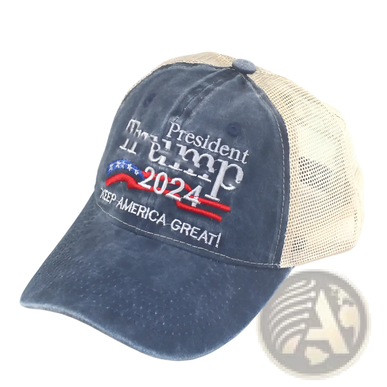 Blue denim trucker hat with beige mesh back embroidered with president trump 2024 and keep america great slogans