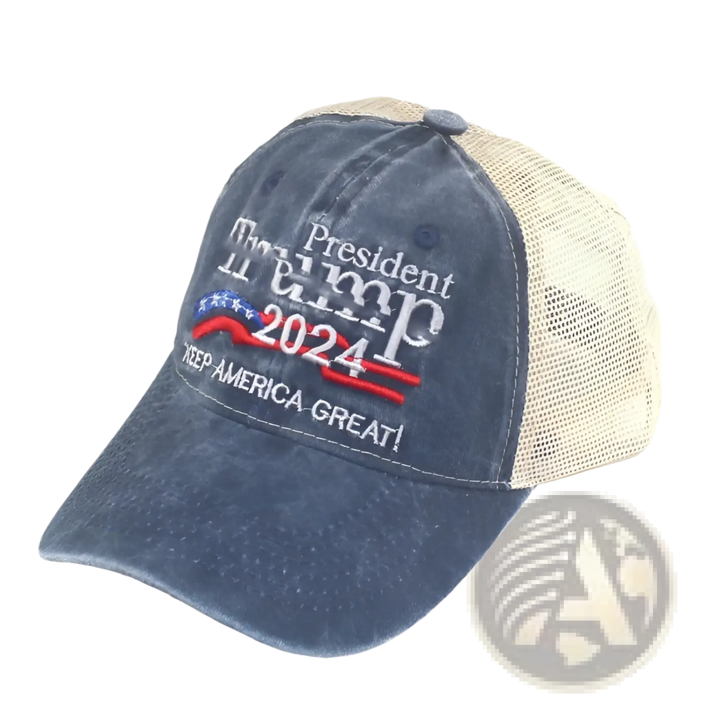Blue denim trucker hat with beige mesh back and embroidered president trump 2024 design with red white and blue stars
