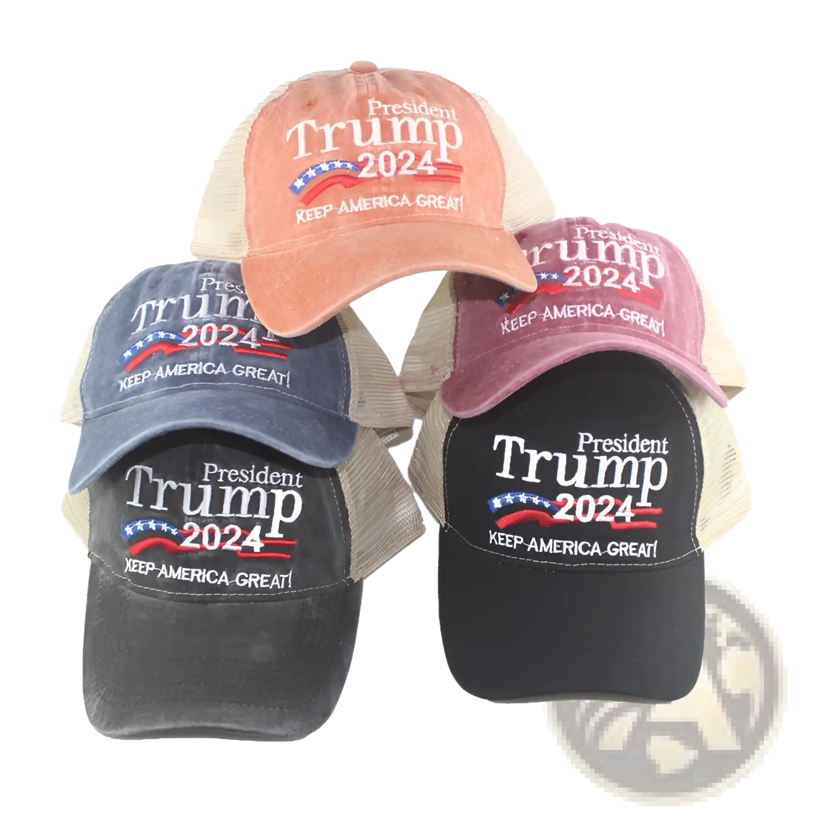 A collection of distressed orange navy blue and black Trump 2024 embroidered trucker hats in cotton mesh