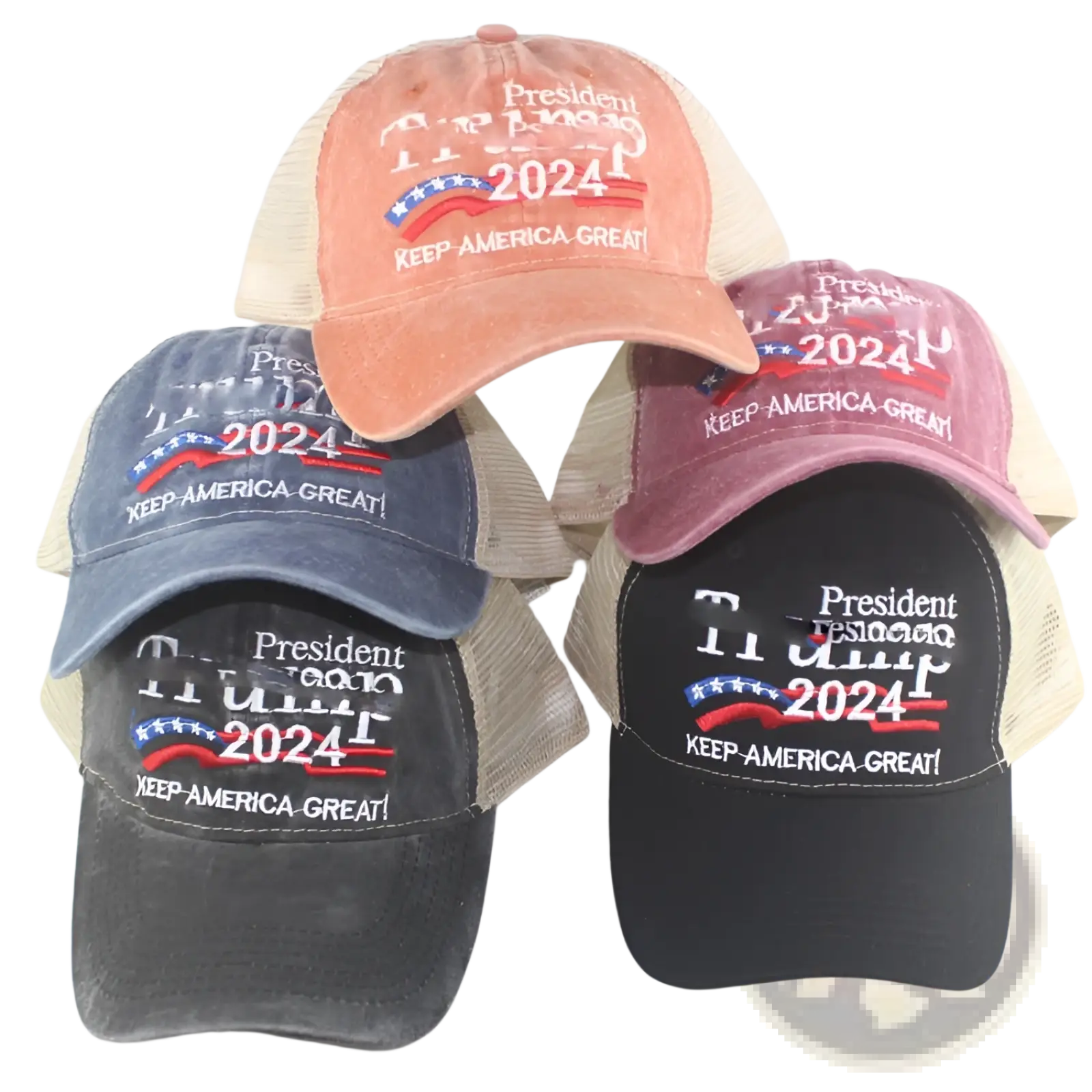 Four distressed trucker hats in faded colors with beige mesh backs embroidered president trump 2024 and patriotic banner