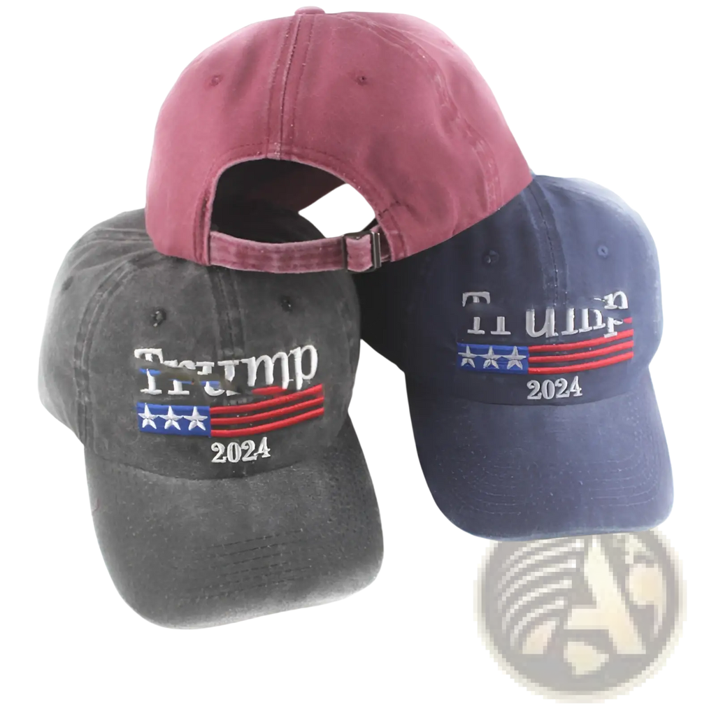 Three embroidered trucker hats in maroon gray and navy blue featuring trump 2024 logos with stars and stripes