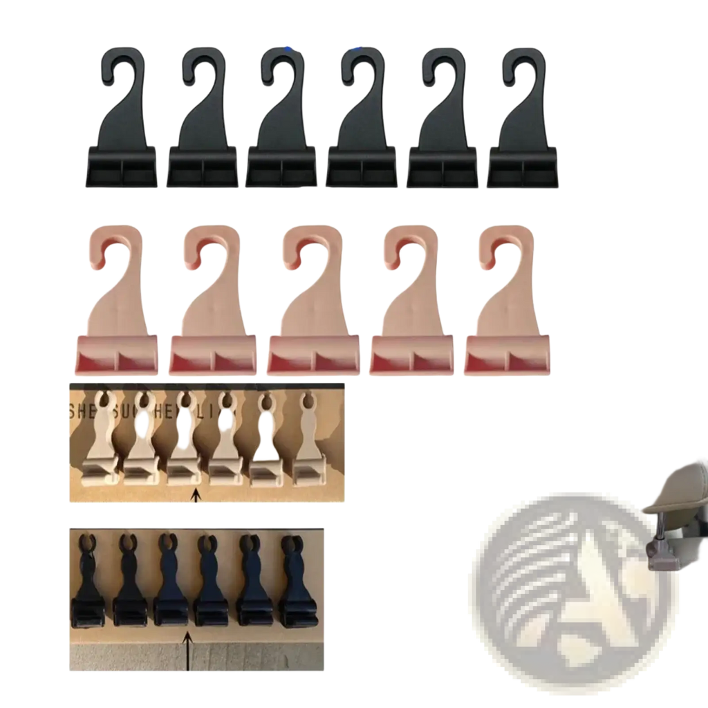 Black and beige plastic trunk curtain clip replacement hooks for hanging items in car headrest fastener system