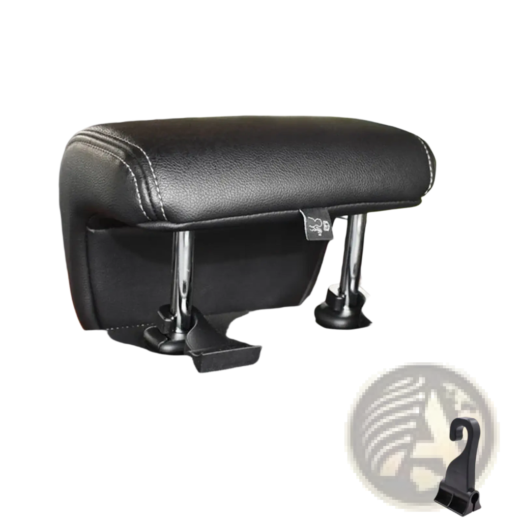 Black leatherette car seat headrest cover with white stitching and metal support brackets for trunk curtain clip replacement hook auto fastener