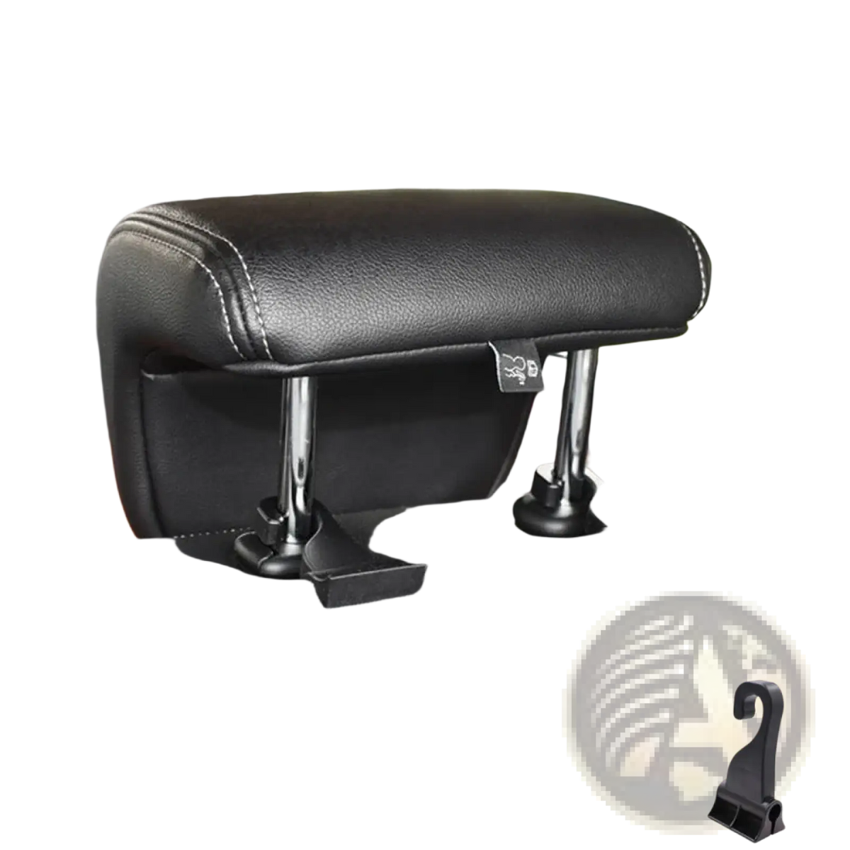 Black leatherette car seat headrest cover with white stitching and metal support brackets for trunk curtain clip replacement hook auto fastener
