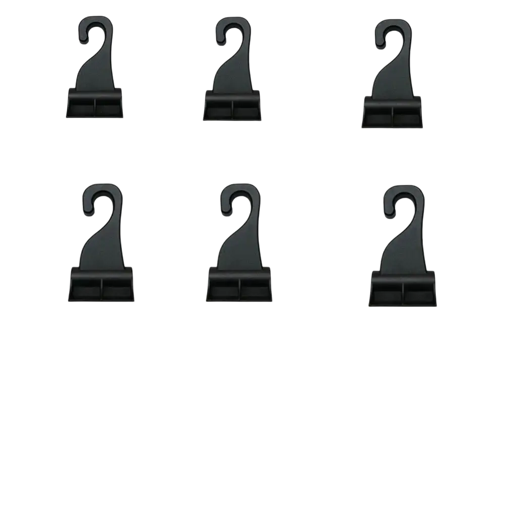 Black plastic trunk curtain clip replacement hook with curved top and flat base for auto fastener use