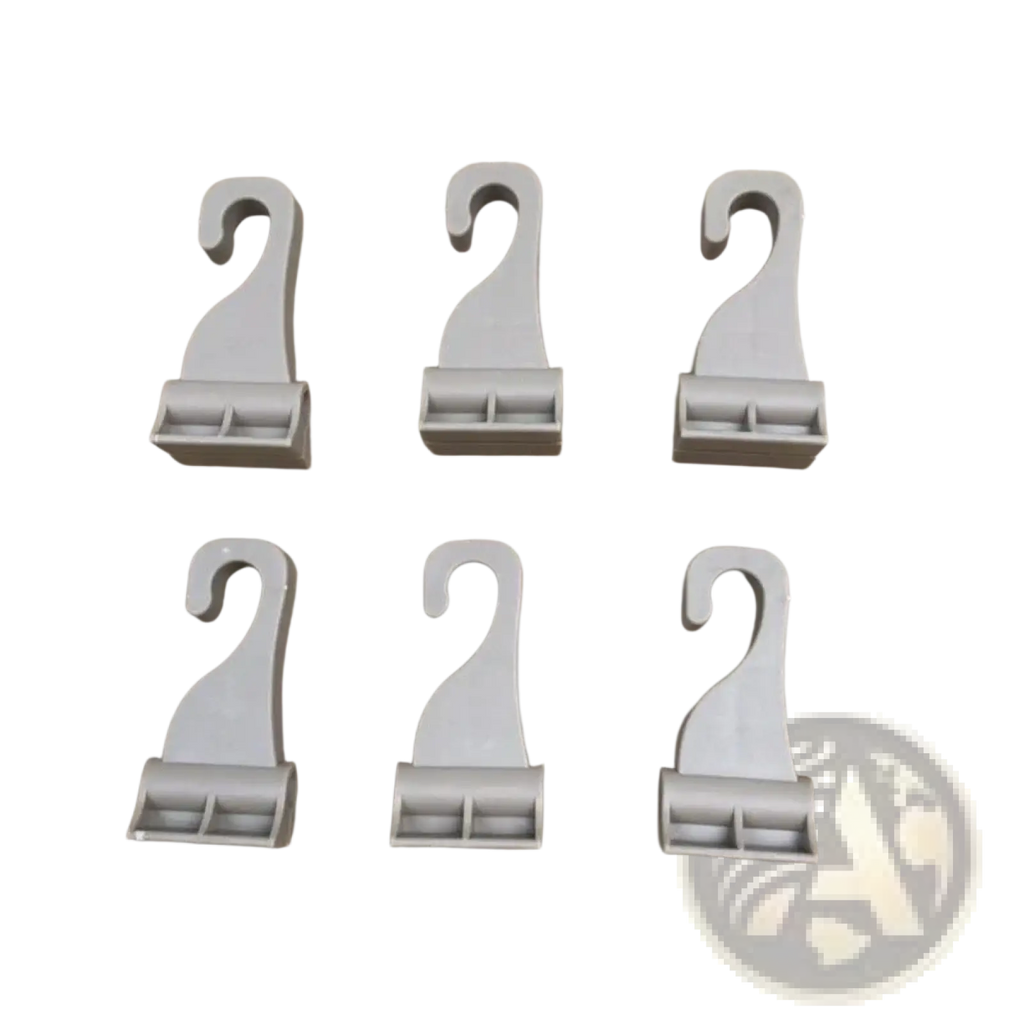 Set of six gray plastic trunk curtain clip replacement hooks with curved hook and rectangular base for auto fastener use